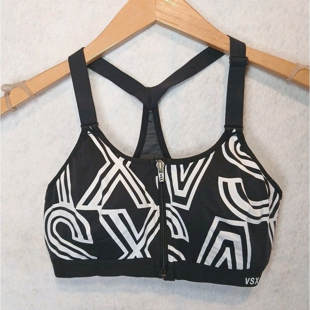 Victoria Sport Bra VSX B Wireless Front Zip Geometric Print Size 32C VS